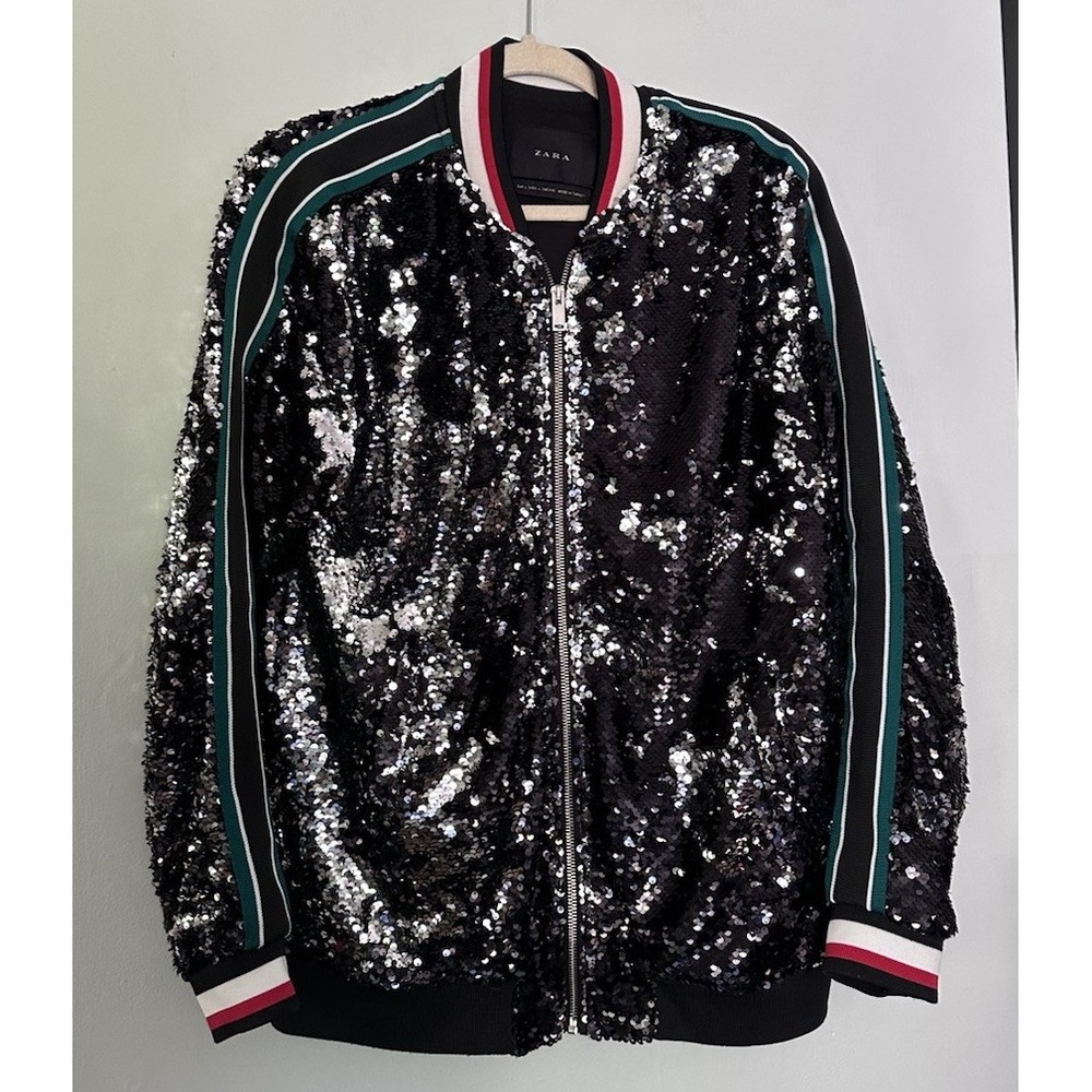 Zara Bomber Jacket Womens Large Black Sequin Long Striped Sleeve Party Sparkle